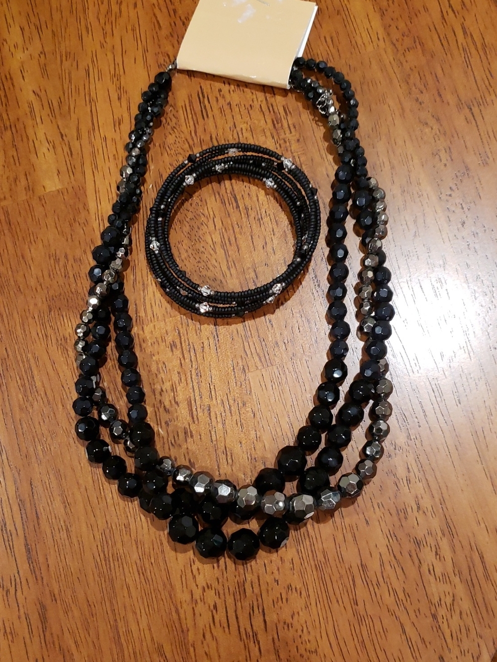 Multi-Strand Black and Silver Beaded Necklace with Coordinating Bracelet